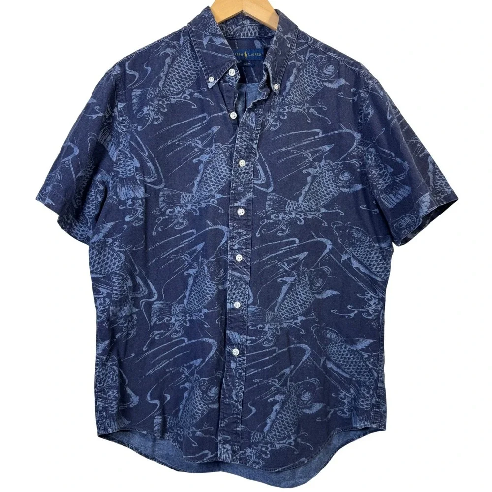 Ralph Lauren Mens XL Slim Fit Koi Fish Print Button Down Shirt Blue Short Sleeve - Picture 1 of 6